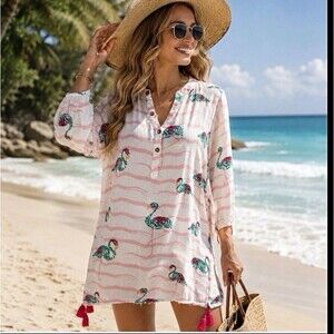 TOP IT OFF WOMEN'S M SWIM COVER UP TUNIC VISCOSE FLAMINGO TROPICAL TASSEL BOHO
